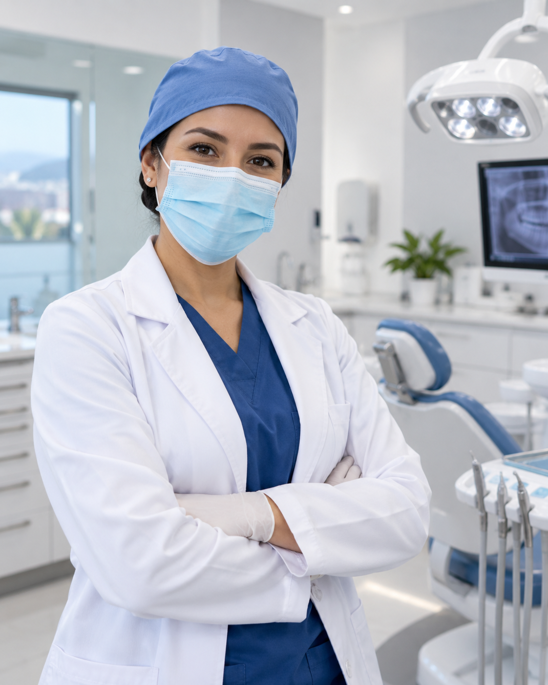 Doctora latina con gorro quirúrgico y cubrebocas en una clínica dental moderna