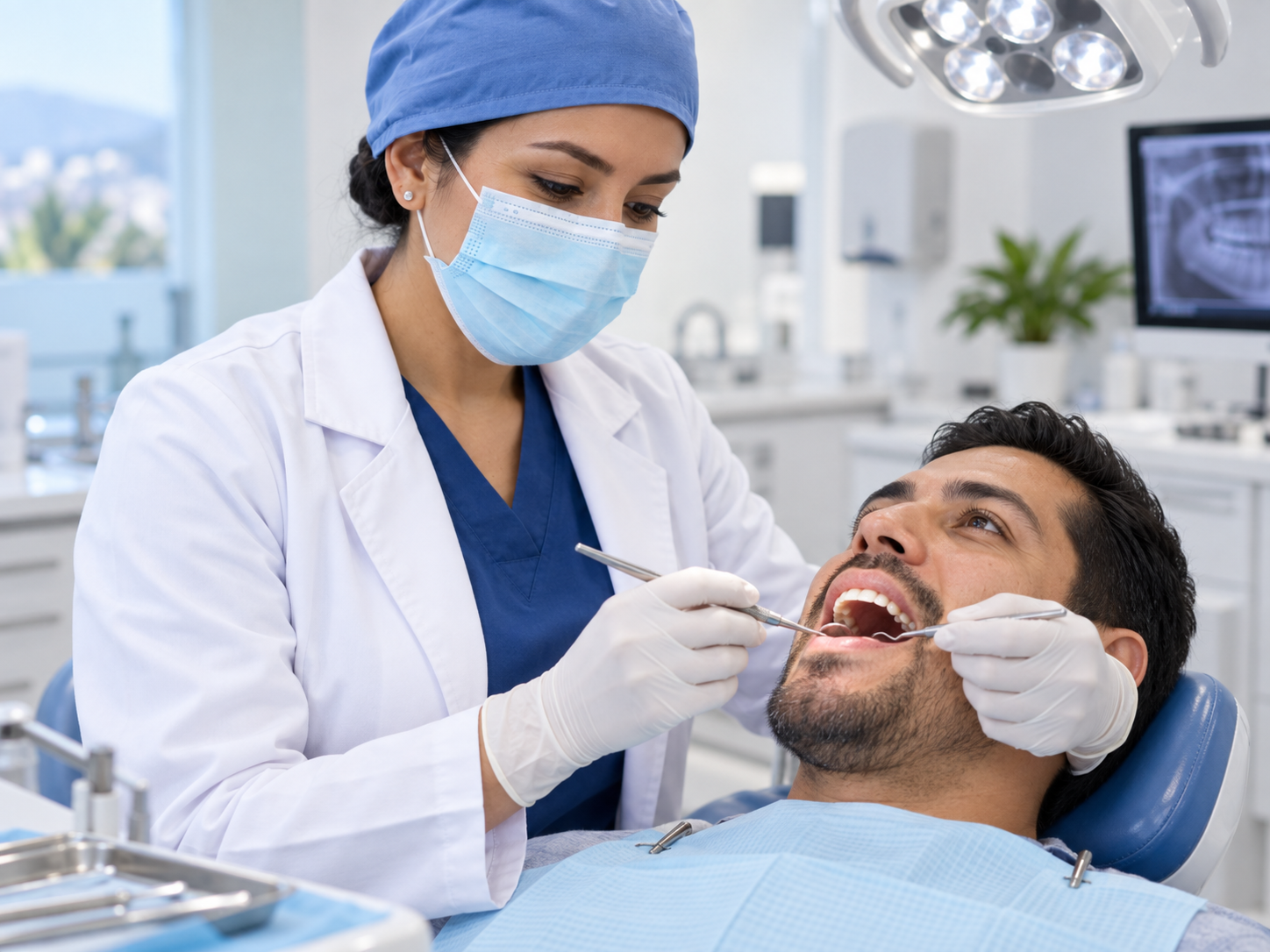 Paciente latino recibiendo atención de cirugía dental y prótesis
